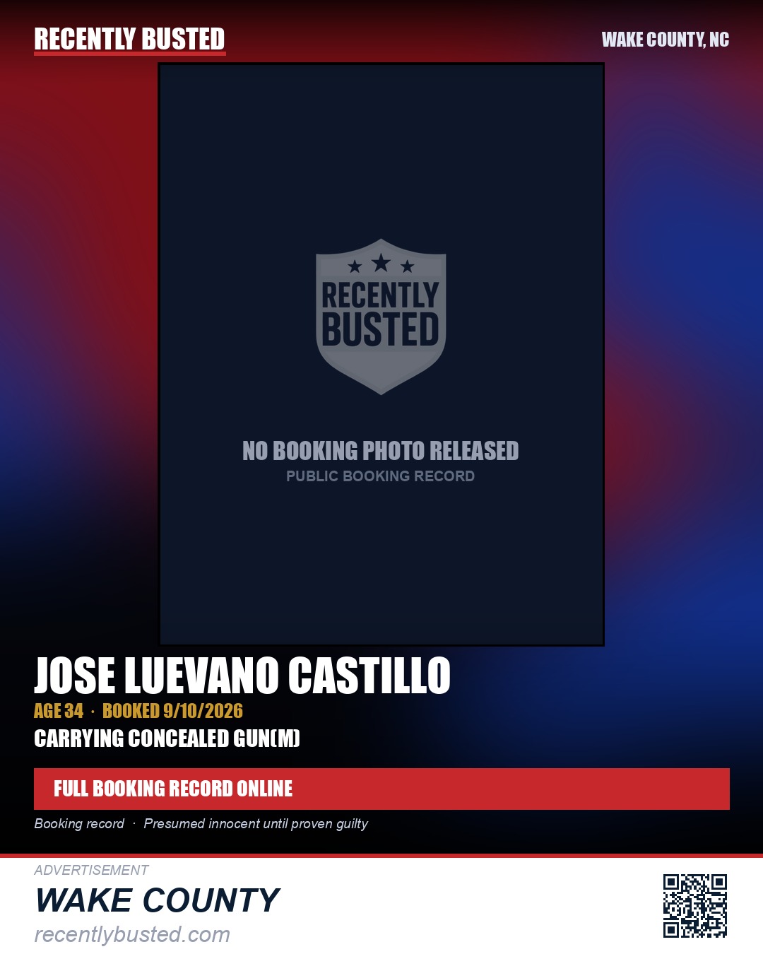 JOSE LUEVANO CASTILLO — arrest record card, Wake County, North Carolina