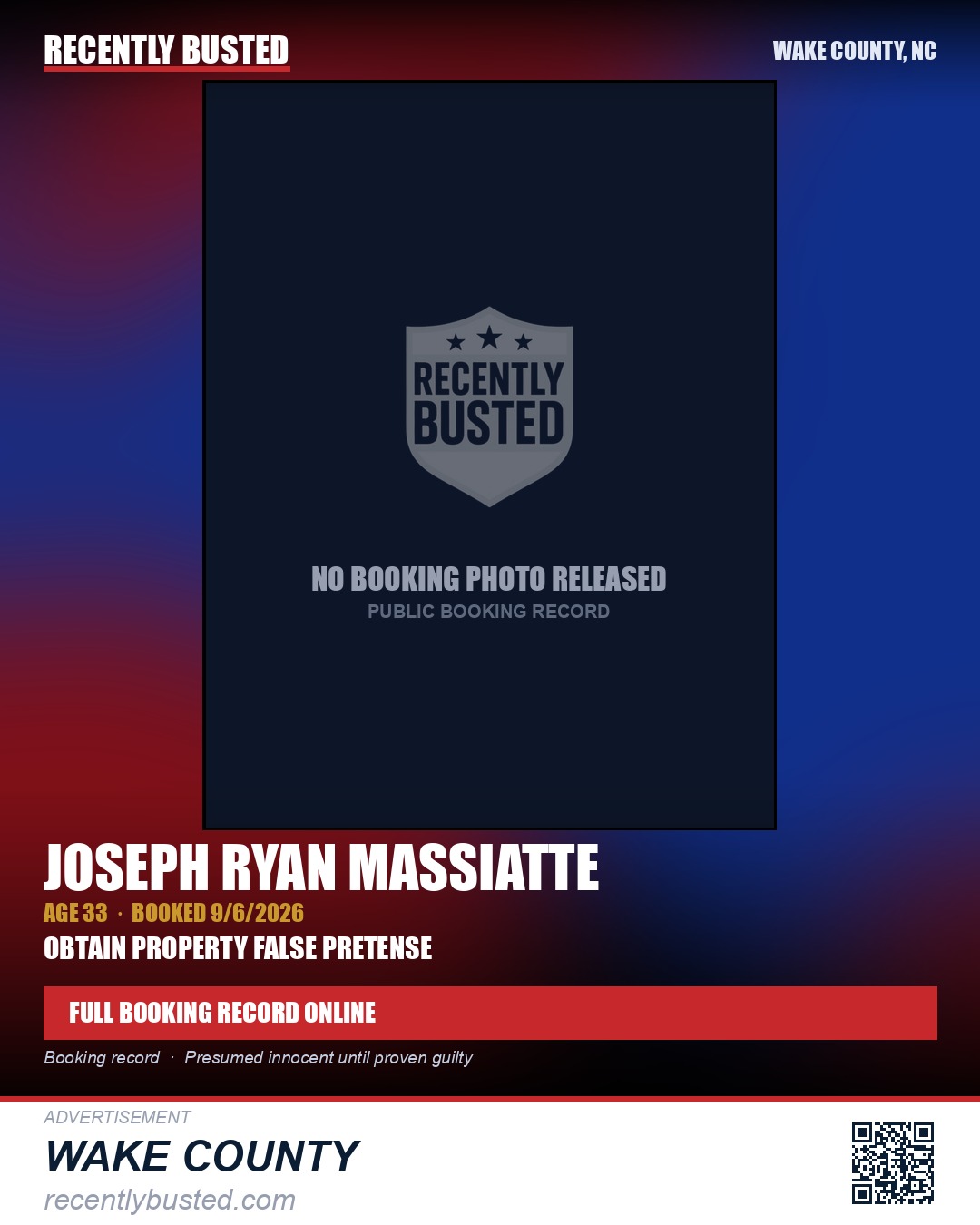 JOSEPH RYAN MASSIATTE — arrest record card, Wake County, North Carolina