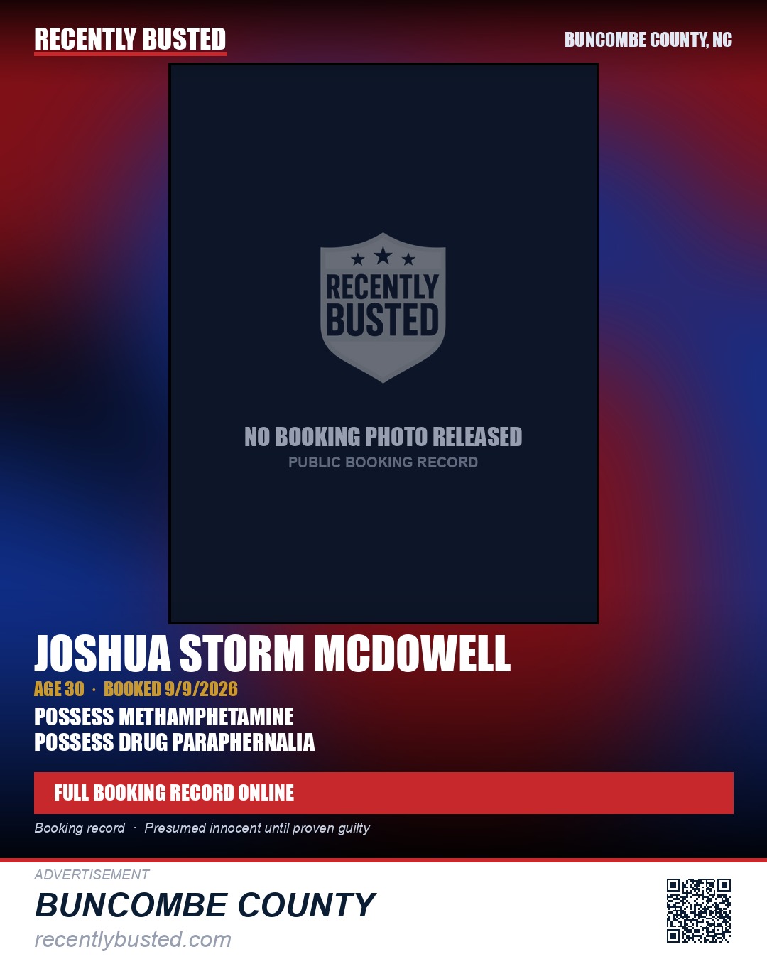 JOSHUA STORM MCDOWELL — arrest record card, Buncombe County, North Carolina