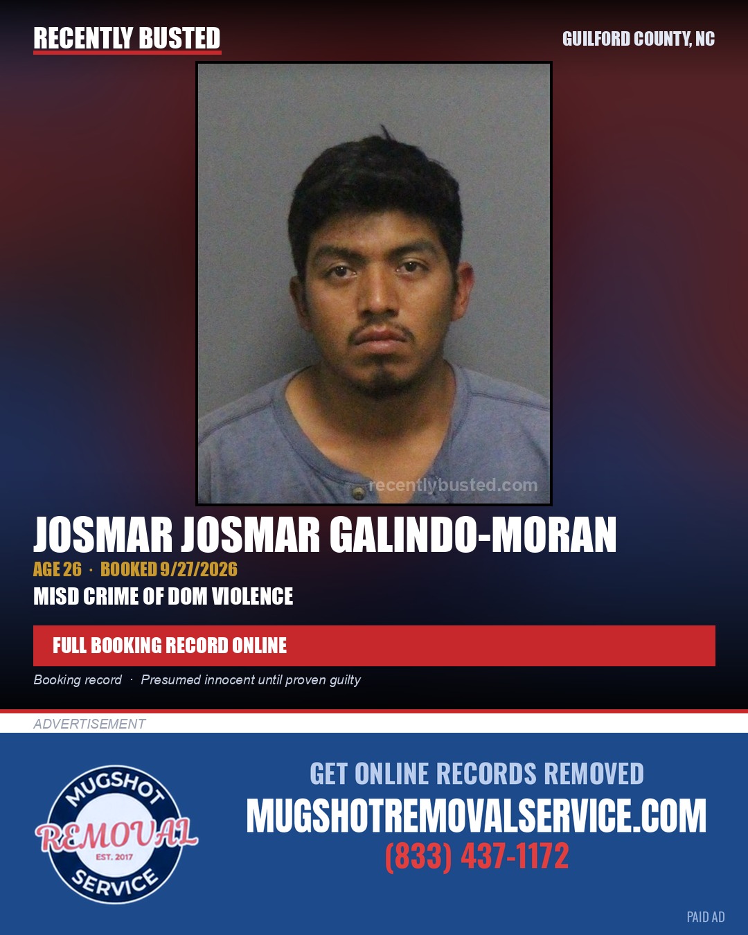 JOSMAR JOSMAR GALINDO-MORAN — arrest record card, Guilford County, North Carolina