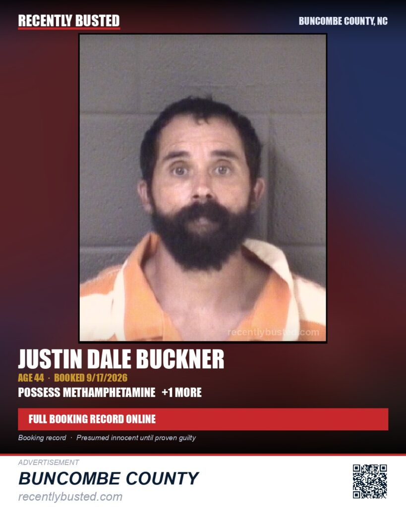 JUSTIN DALE BUCKNER — arrest record card, Buncombe County, North Carolina