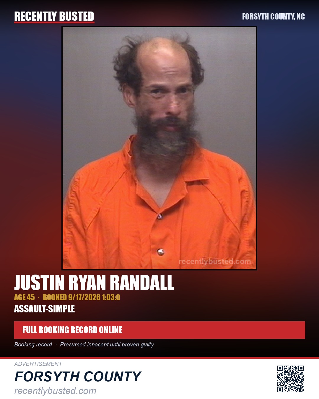 JUSTIN RYAN RANDALL — arrest record card, Forsyth County, North Carolina