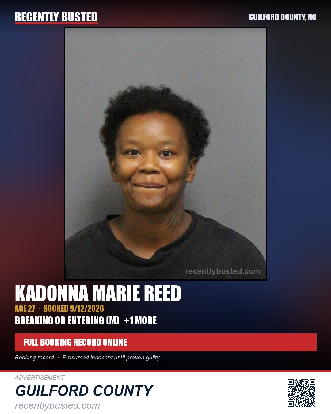 KADONNA MARIE REED — arrest record card, Guilford County, North Carolina
