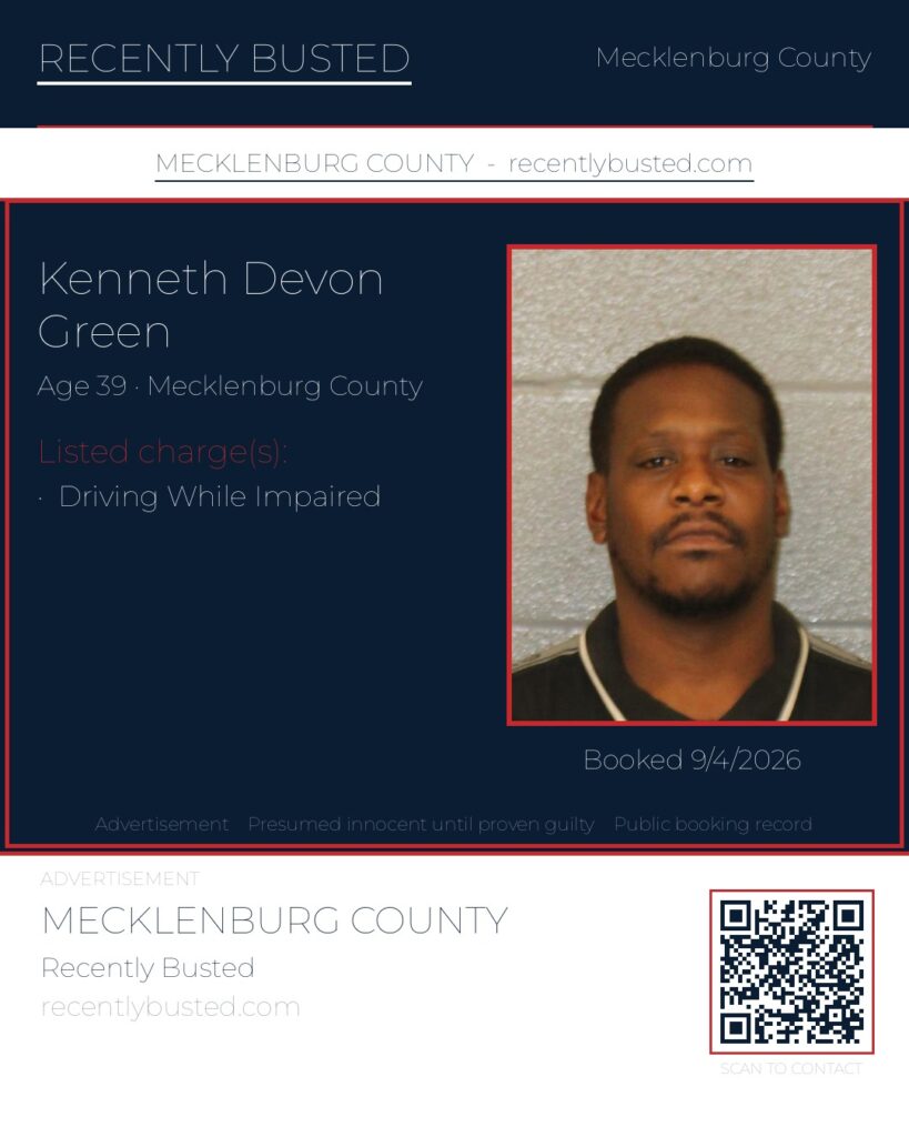 KENNETH DEVON GREEN — arrest record card, Mecklenburg County, North Carolina