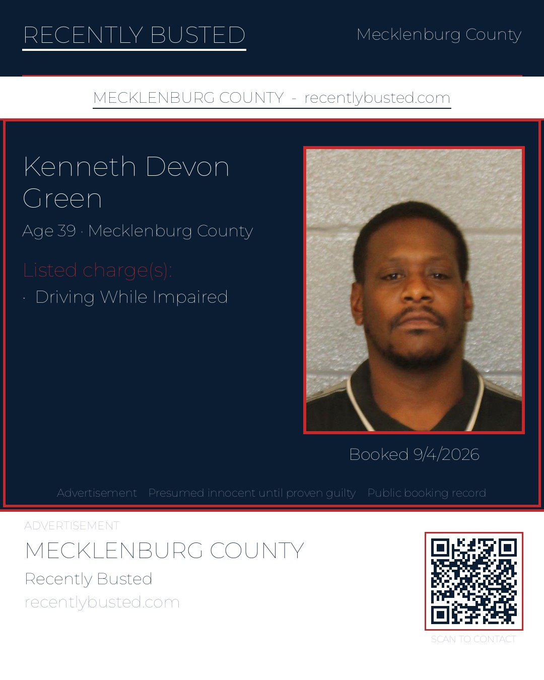 KENNETH DEVON GREEN — arrest record card, Mecklenburg County, North Carolina