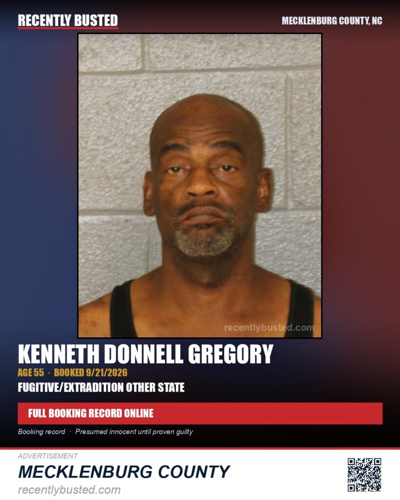 KENNETH DONNELL GREGORY — arrest record card, Mecklenburg County, North Carolina