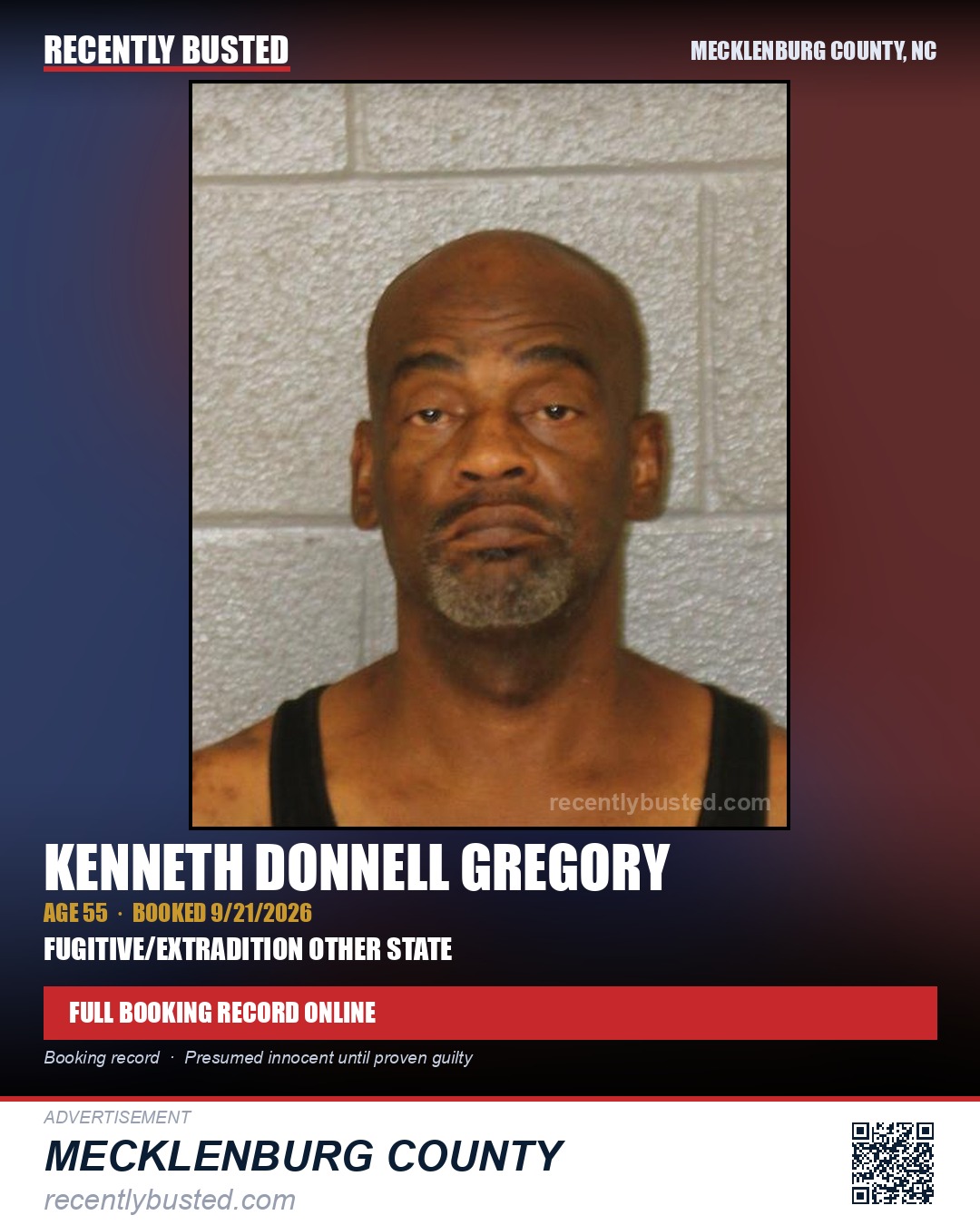 KENNETH DONNELL GREGORY — arrest record card, Mecklenburg County, North Carolina