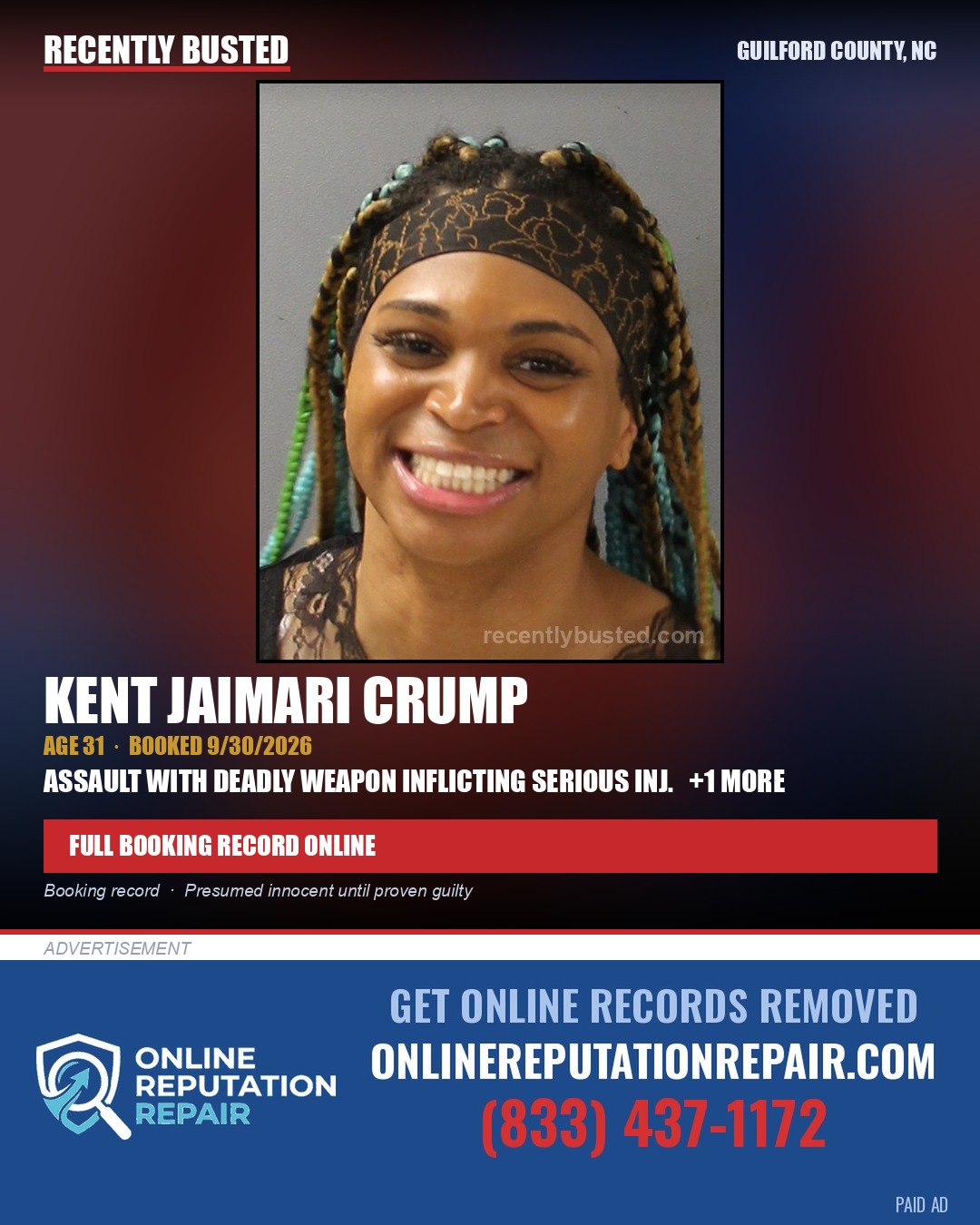 KENT JAIMARI CRUMP — arrest record card, Guilford County, North Carolina