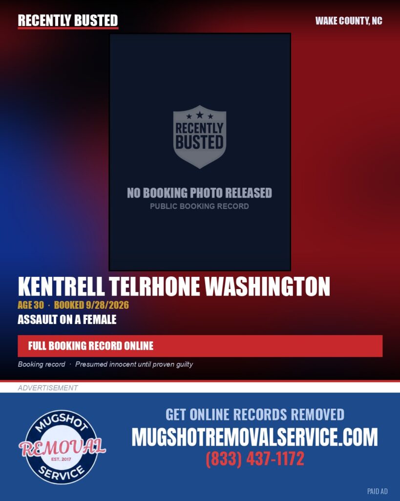 KENTRELL TELRHONE WASHINGTON — arrest record card, Wake County, North Carolina