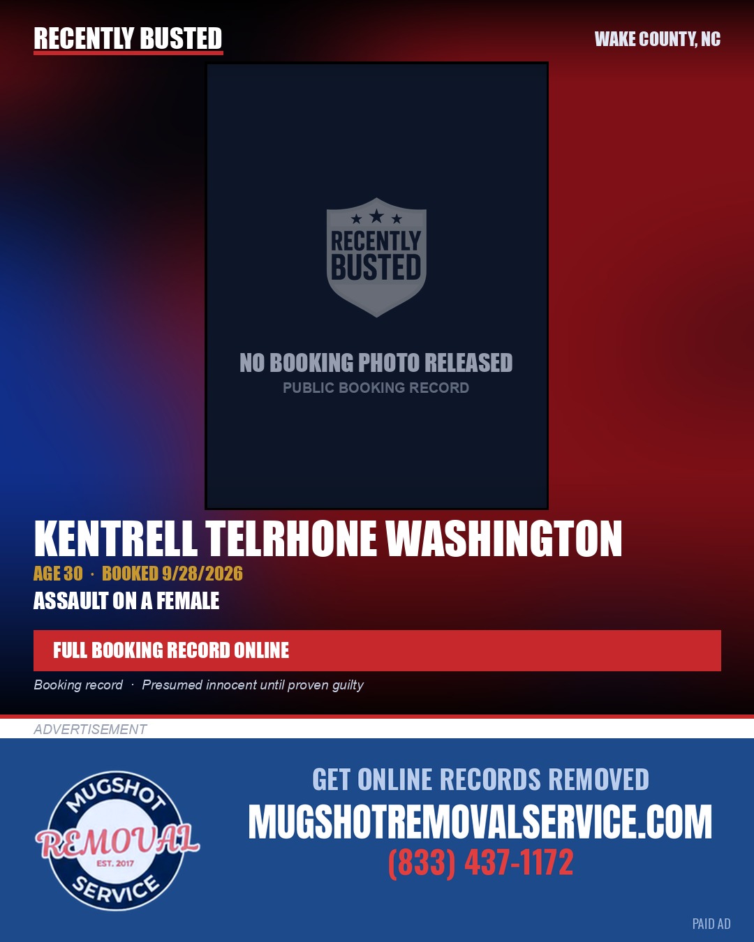 KENTRELL TELRHONE WASHINGTON — arrest record card, Wake County, North Carolina