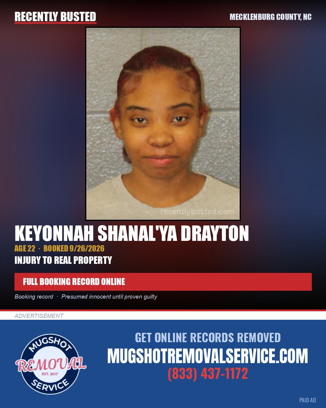 KEYONNAH SHANAL'YA DRAYTON — arrest record card, Mecklenburg County, North Carolina