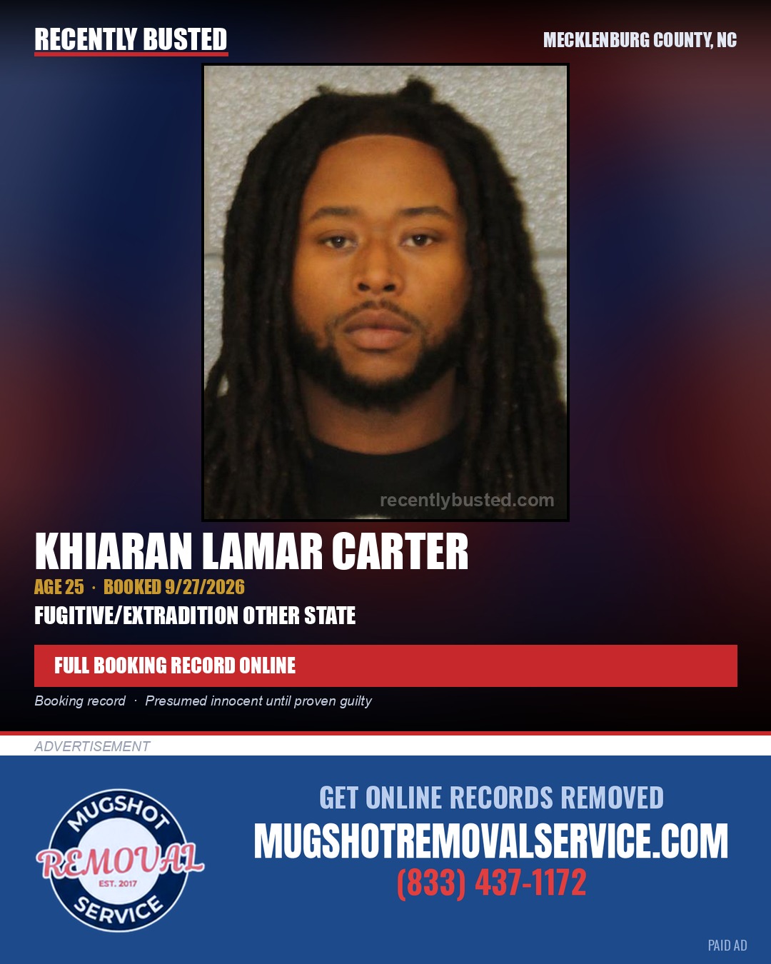 KHIARAN LAMAR CARTER — arrest record card, Mecklenburg County, North Carolina