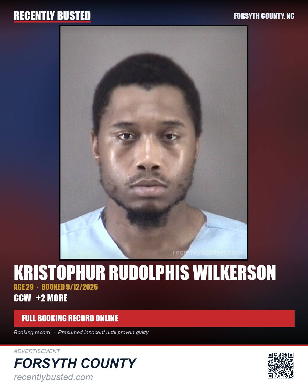 KRISTOPHUR RUDOLPHIS WILKERSON — arrest record card, Forsyth County, North Carolina
