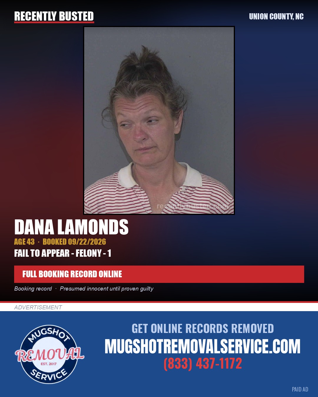 LAMONDS, DANA — arrest record card, Union County, North Carolina