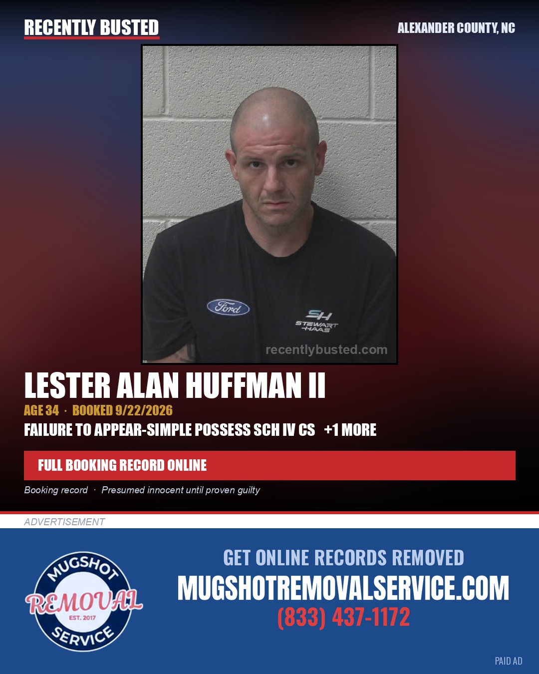 LESTER ALAN HUFFMAN II — arrest record card, Alexander County, North Carolina
