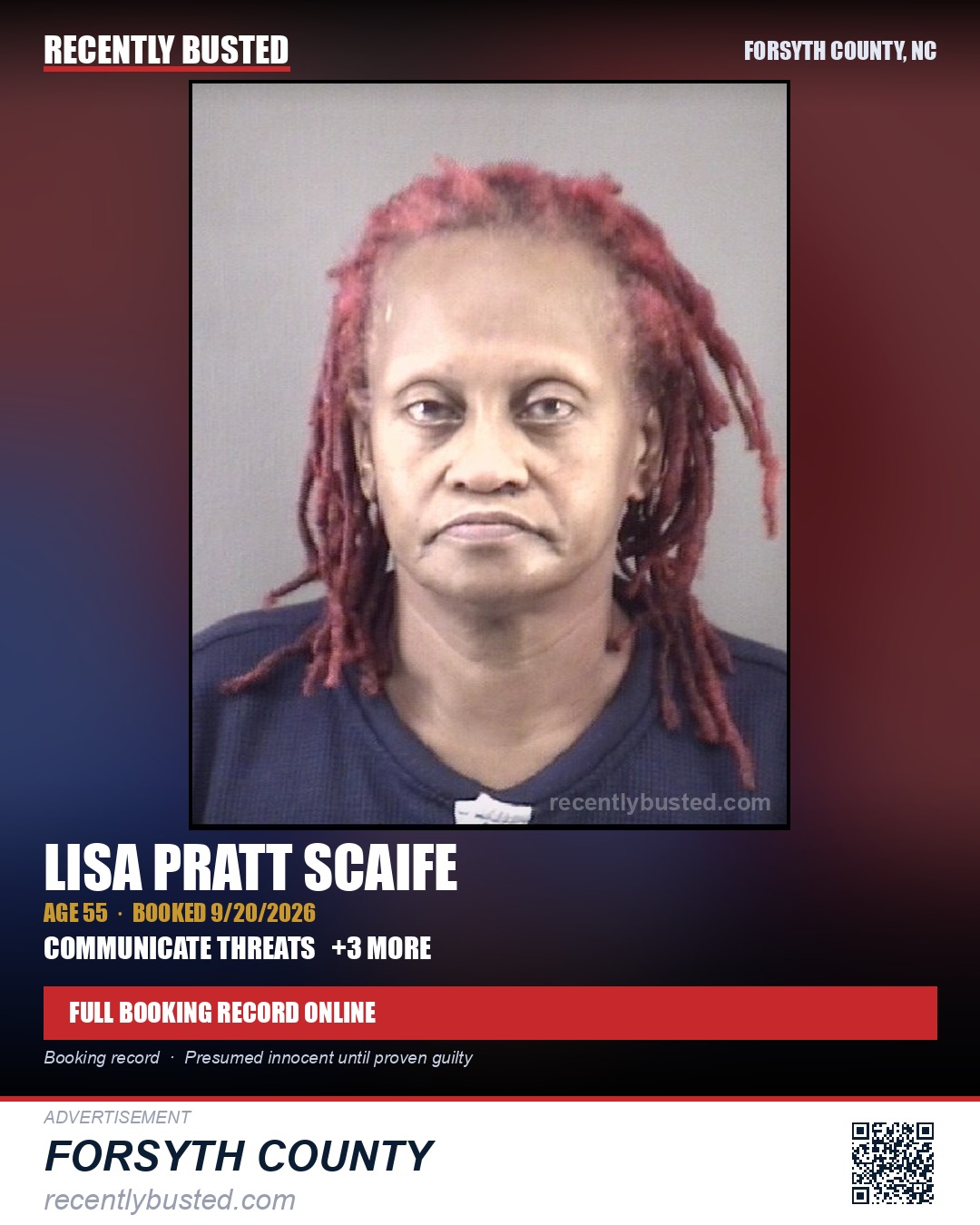 LISA PRATT SCAIFE — arrest record card, Forsyth County, North Carolina