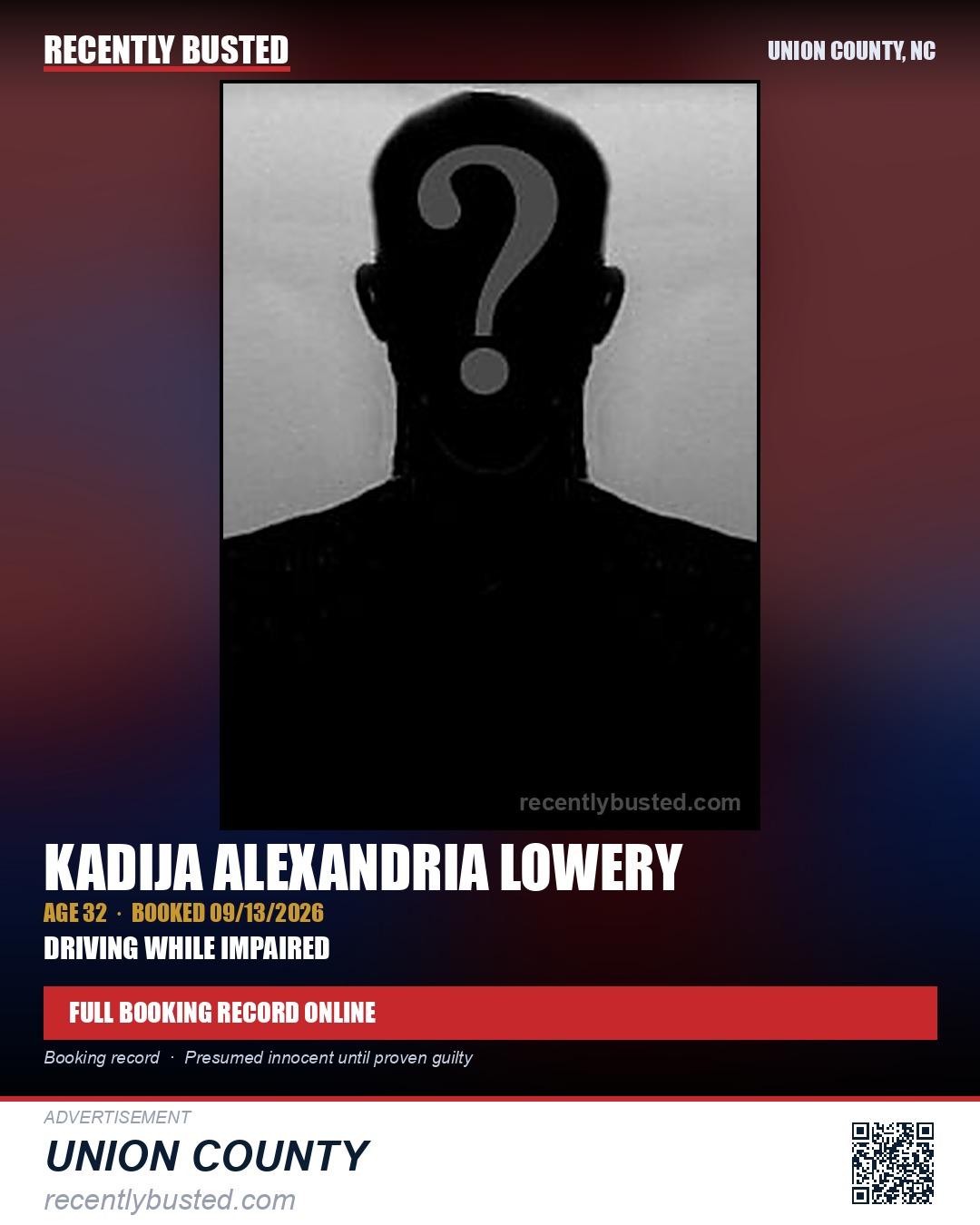 LOWERY, KADIJA ALEXANDRIA — arrest record card, Union County, North Carolina