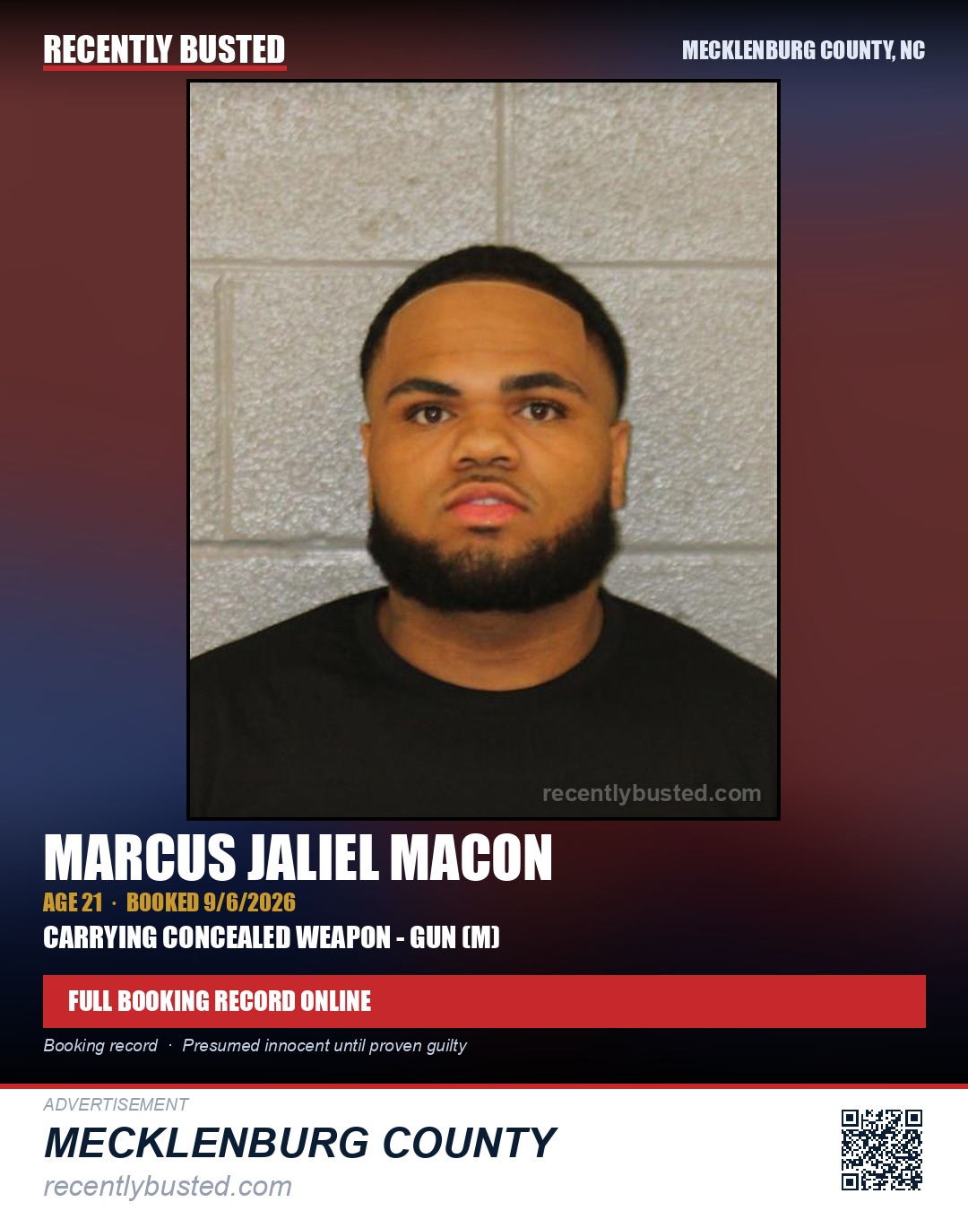 MARCUS JALIEL MACON — arrest record card, Mecklenburg County, North Carolina