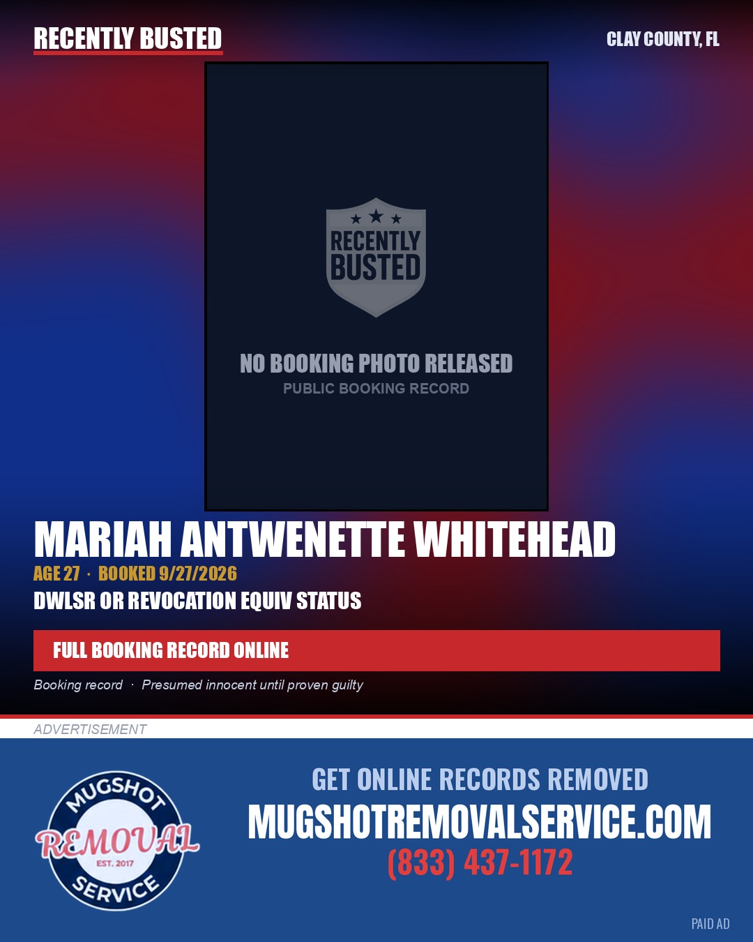MARIAH ANTWENETTE WHITEHEAD — arrest record card, Clay County, Florida