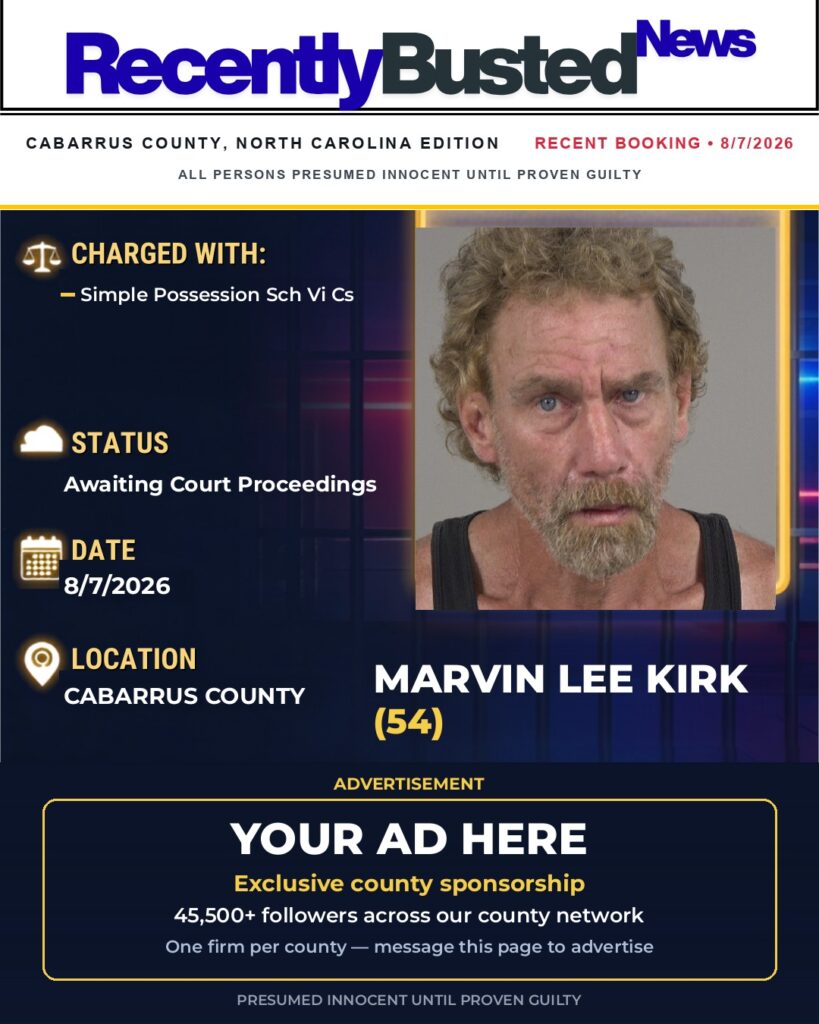 MARVIN LEE KIRK — arrest record card, Cabarrus County