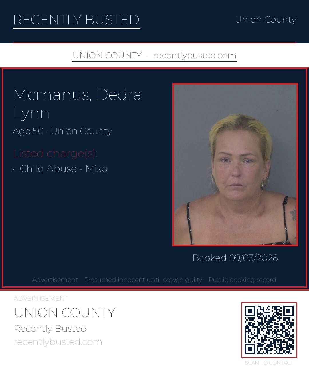 MCMANUS, DEDRA LYNN — arrest record card, Union County, North Carolina