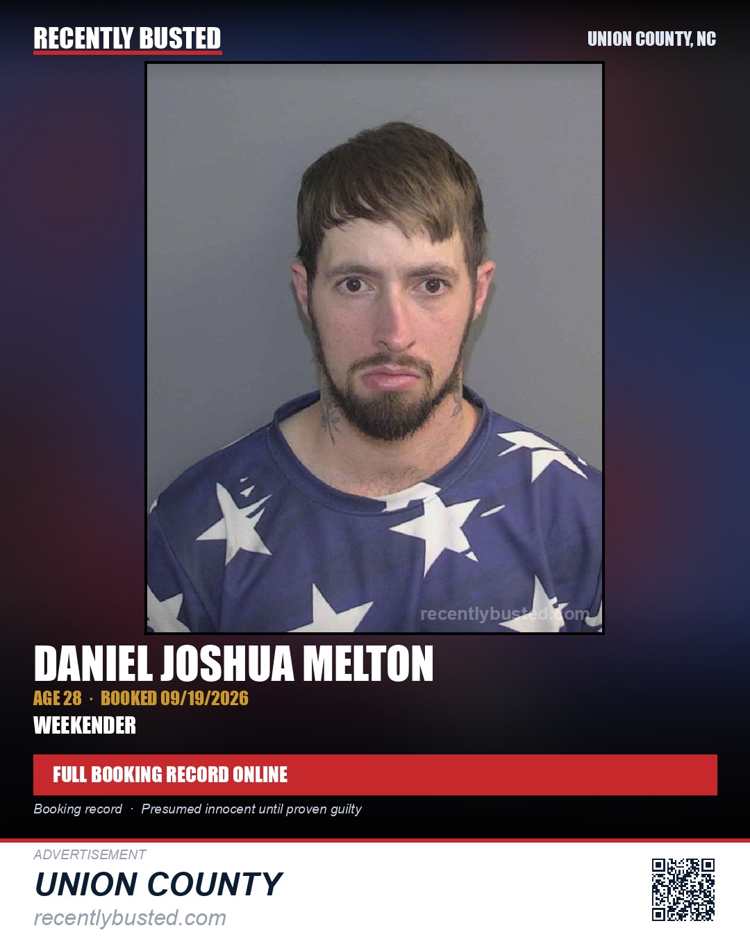 MELTON, DANIEL JOSHUA — arrest record card, Union County, North Carolina