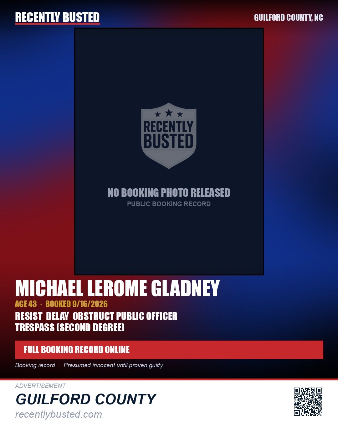 MICHAEL LEROME GLADNEY — arrest record card, Guilford County, North Carolina