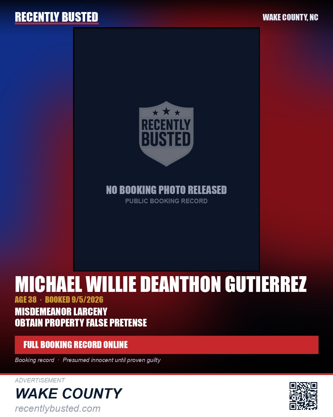 MICHAEL WILLIE DEANTHON GUTIERREZ — arrest record card, Wake County, North Carolina