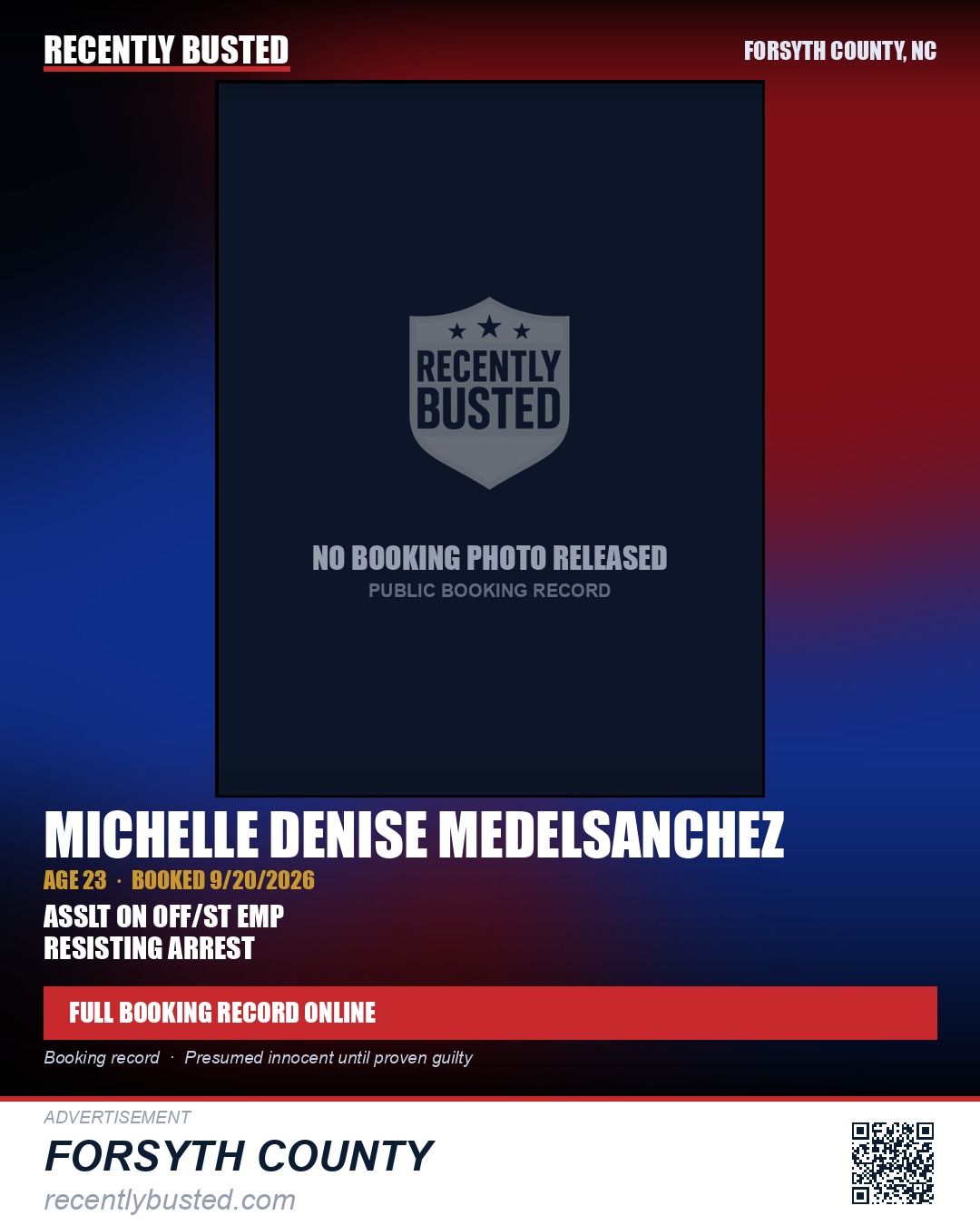 MICHELLE DENISE MEDELSANCHEZ — arrest record card, Forsyth County, North Carolina
