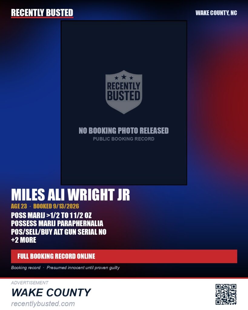 MILES ALI WRIGHT JR — arrest record card, Wake County, North Carolina
