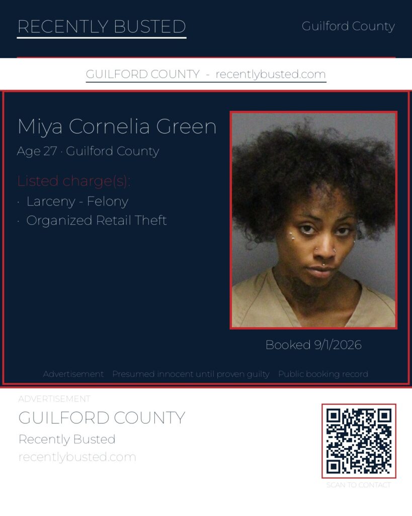 MIYA CORNELIA GREEN — arrest record card, Guilford County, North Carolina