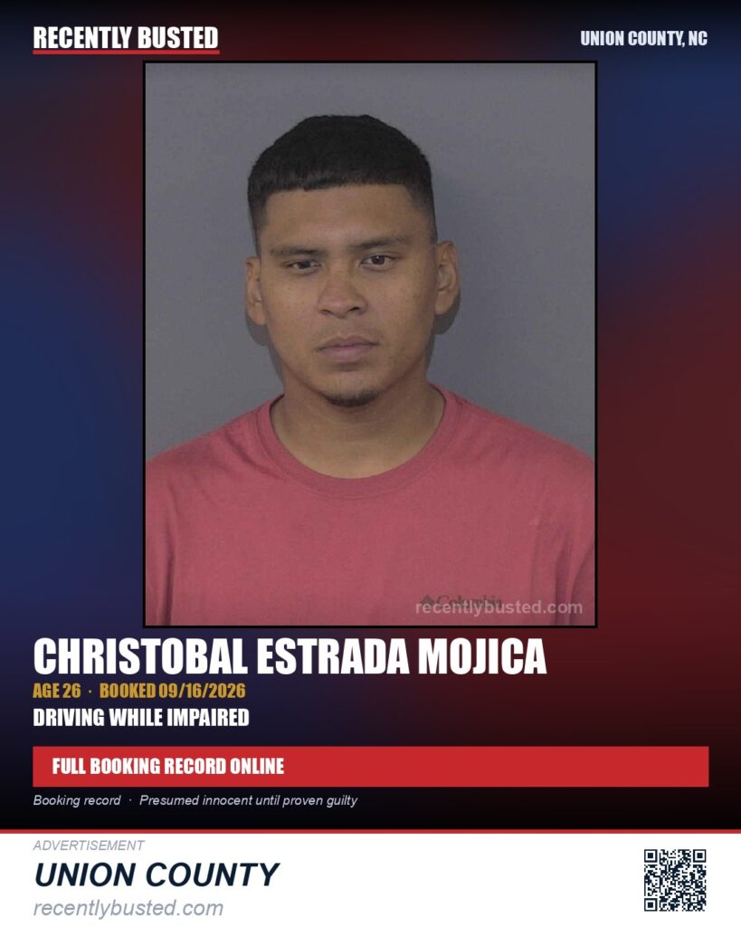MOJICA, CHRISTOBAL ESTRADA — arrest record card, Union County, North Carolina