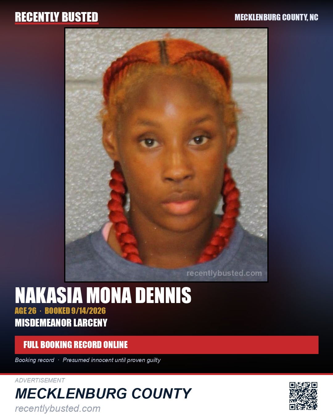 NAKASIA MONA DENNIS — arrest record card, Mecklenburg County, North Carolina