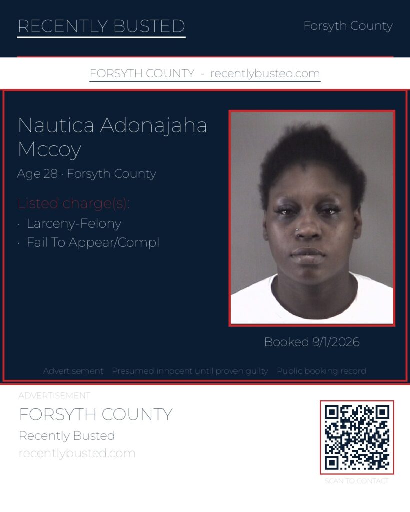 NAUTICA ADONAJAHA MCCOY — arrest record card, Forsyth County, North Carolina