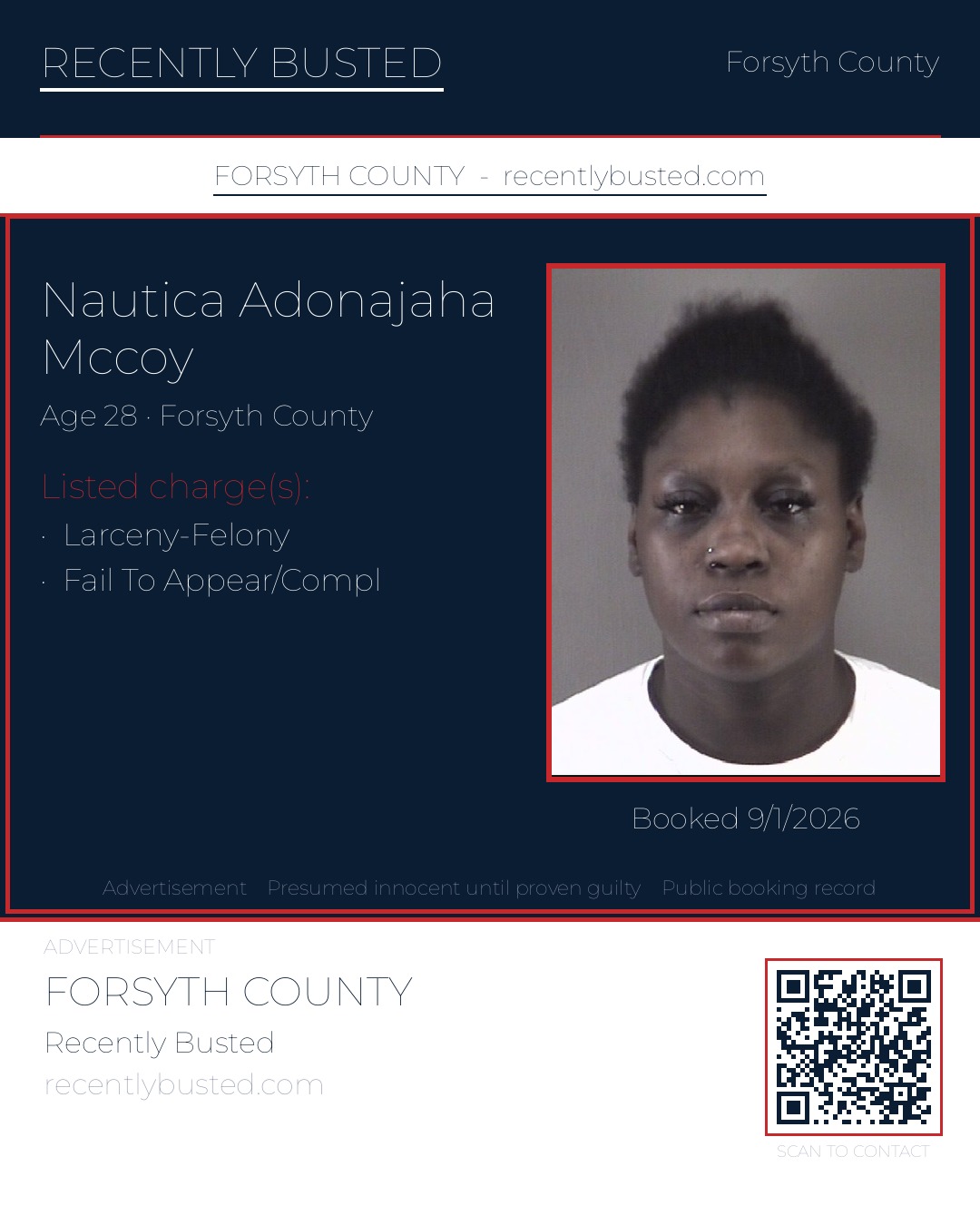 NAUTICA ADONAJAHA MCCOY — arrest record card, Forsyth County, North Carolina