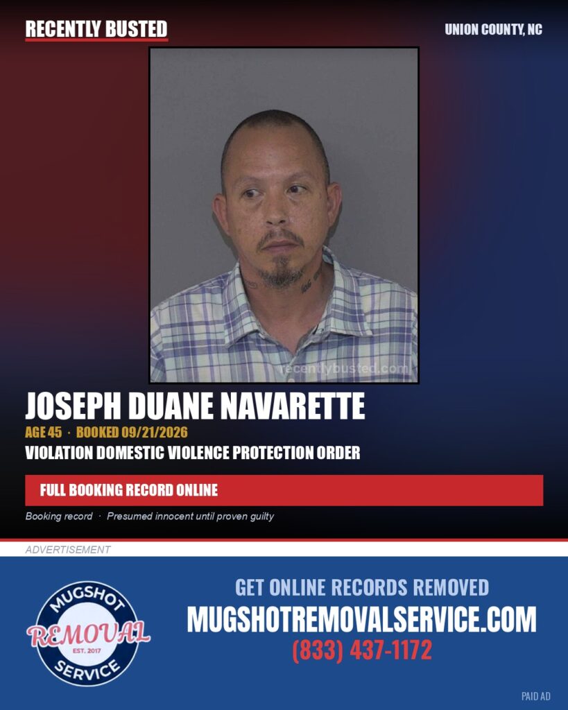 NAVARETTE, JOSEPH DUANE — arrest record card, Union County, North Carolina