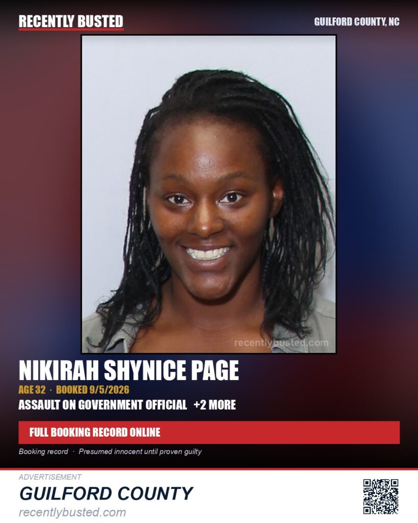 NIKIRAH SHYNICE PAGE — arrest record card, Guilford County, North Carolina