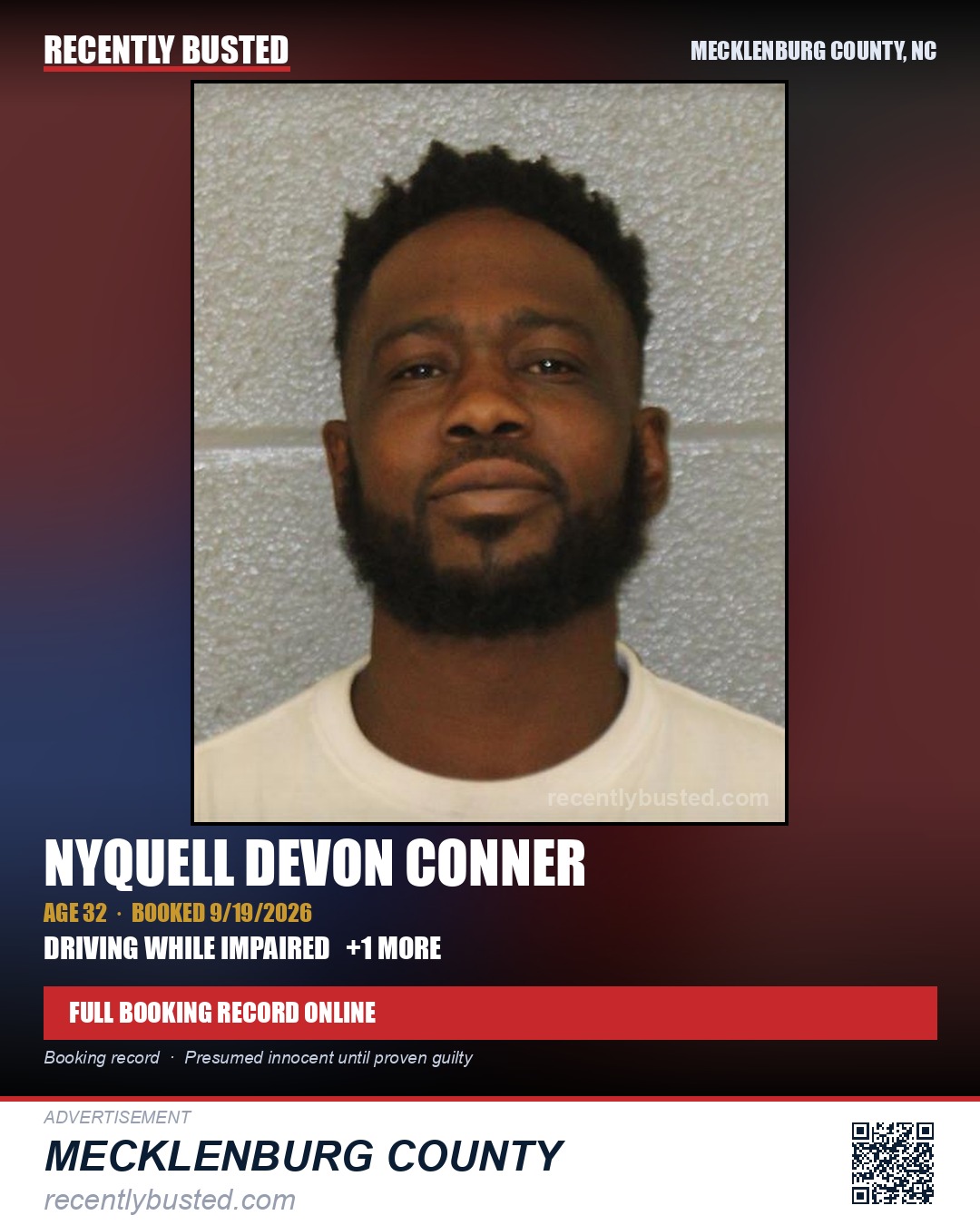 NYQUELL DEVON CONNER — arrest record card, Mecklenburg County, North Carolina