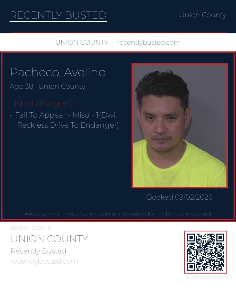 PACHECO, AVELINO — arrest record card, Union County, North Carolina