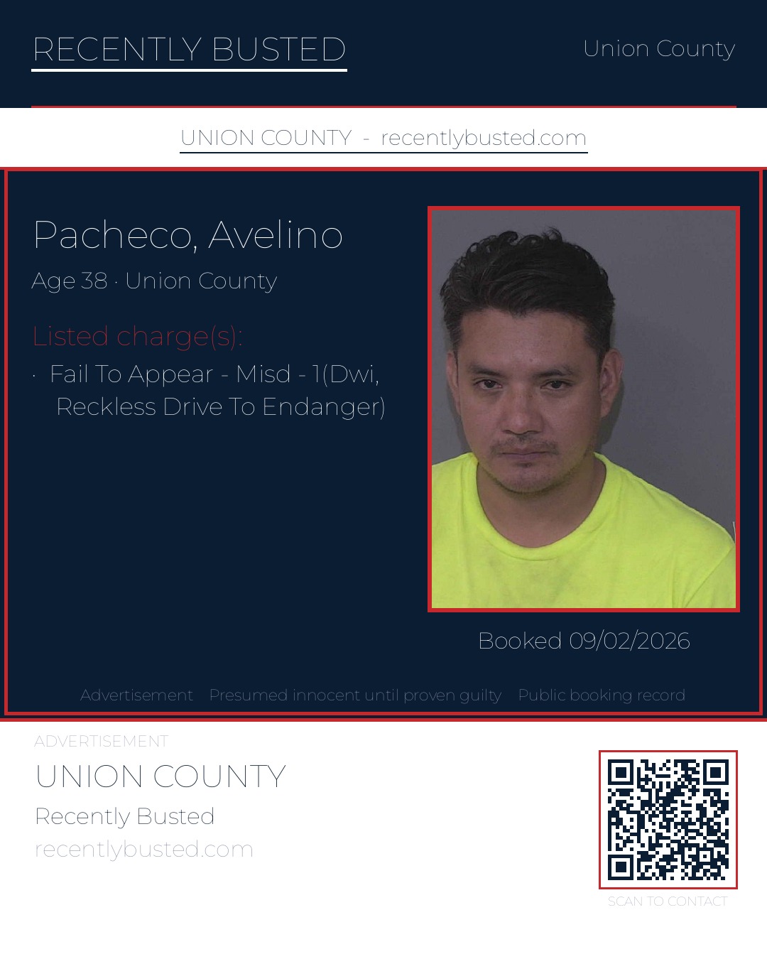 PACHECO, AVELINO — arrest record card, Union County, North Carolina