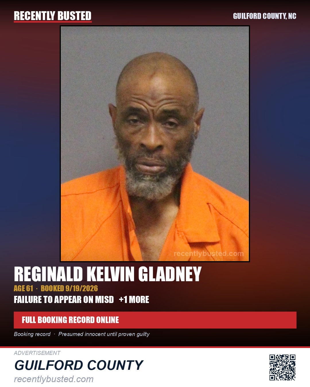 REGINALD KELVIN GLADNEY — arrest record card, Guilford County, North Carolina
