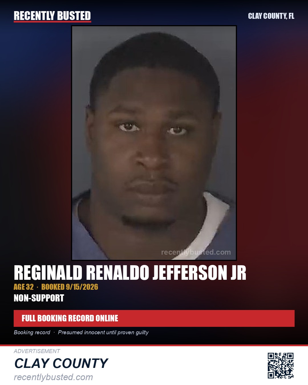 REGINALD RENALDO JEFFERSON JR — arrest record card, Clay County, Florida