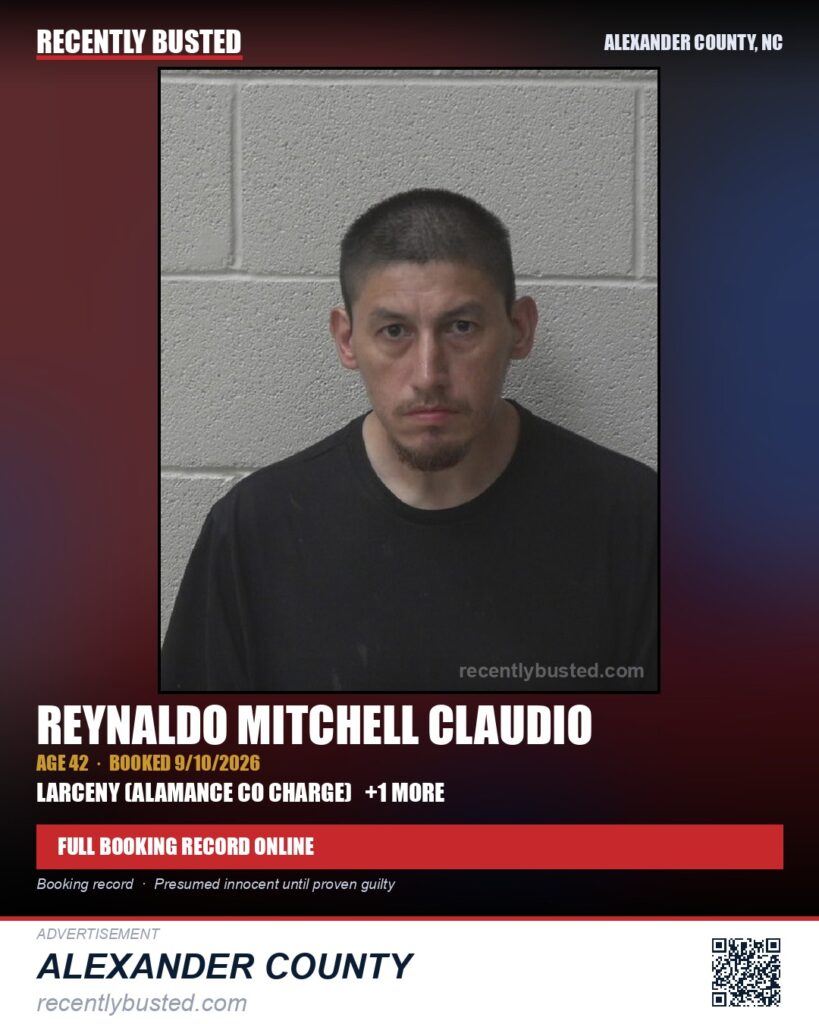 REYNALDO MITCHELL CLAUDIO — arrest record card, Alexander County, North Carolina
