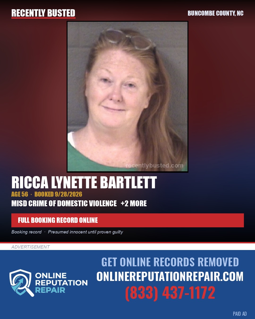 RICCA LYNETTE BARTLETT — arrest record card, Buncombe County, North Carolina