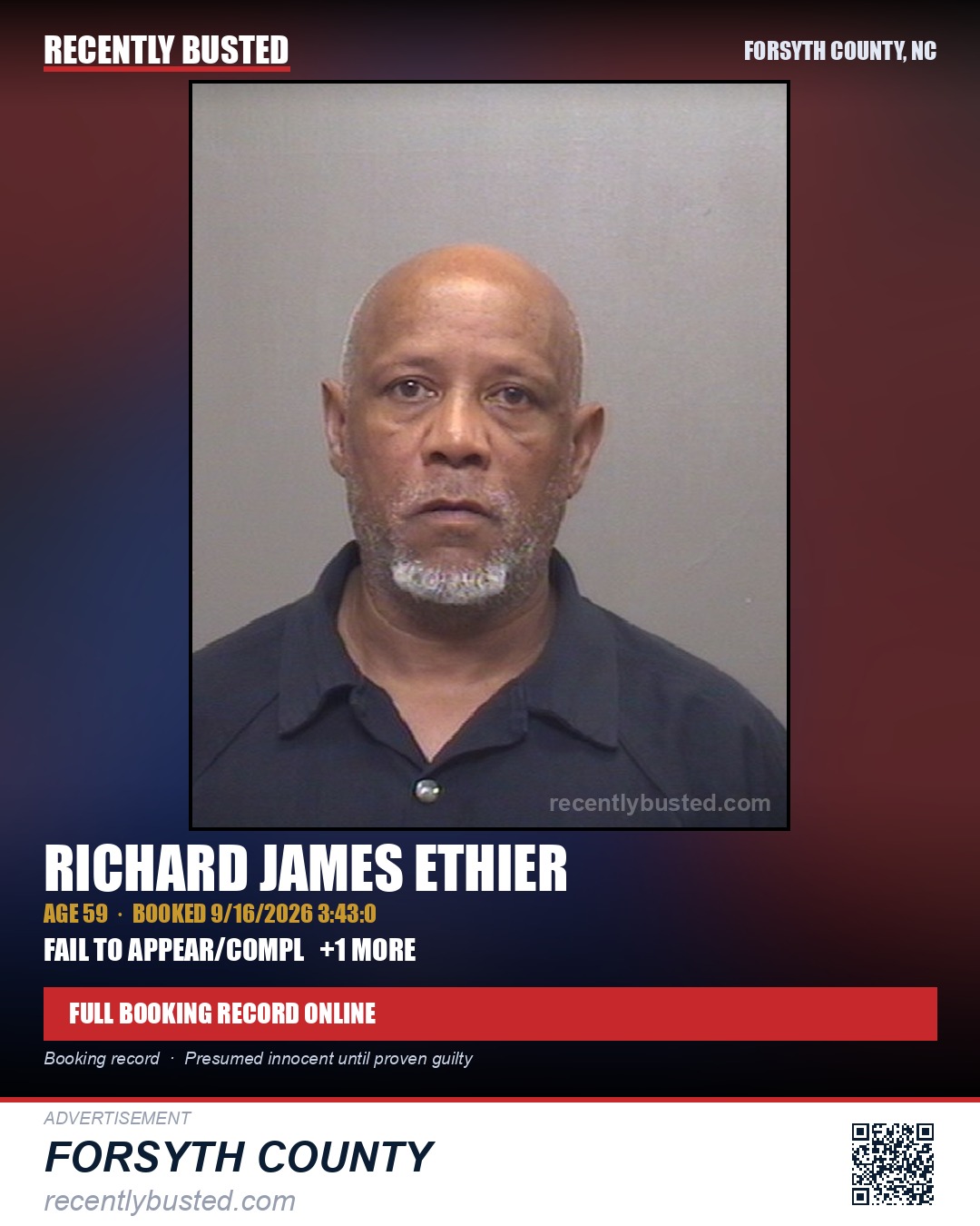 RICHARD JAMES ETHIER — arrest record card, Forsyth County, North Carolina