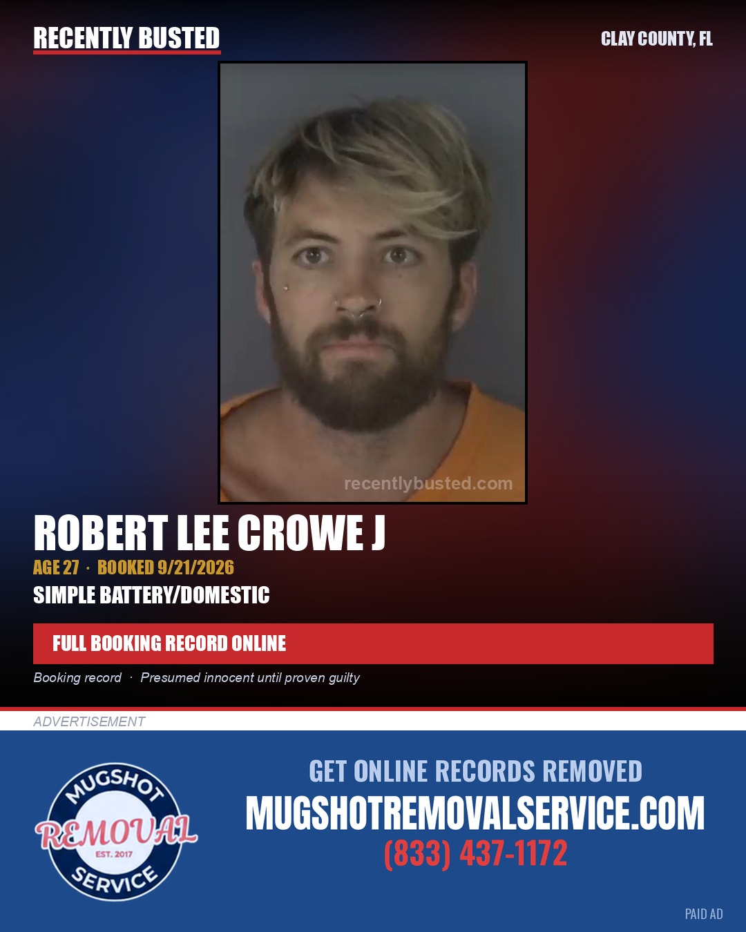 ROBERT LEE CROWE J — arrest record card, Clay County, Florida
