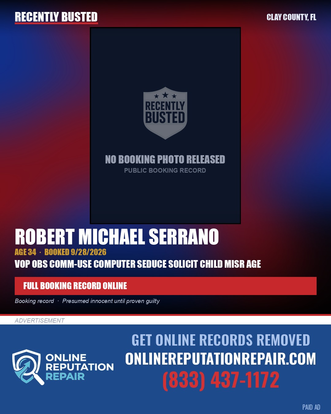 ROBERT MICHAEL SERRANO — arrest record card, Clay County, Florida