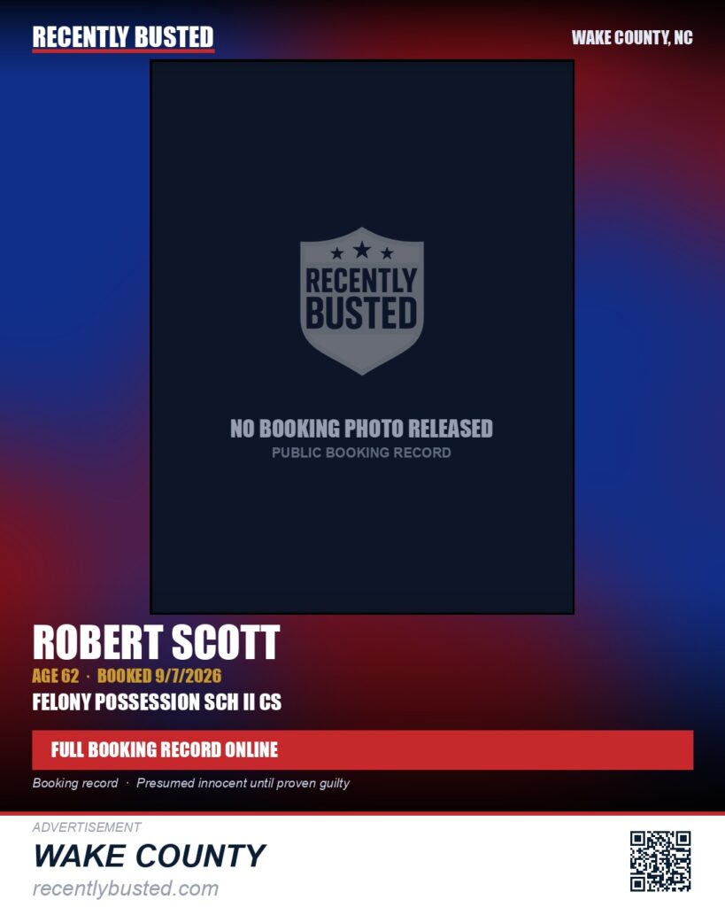 ROBERT SCOTT — arrest record card, Wake County, North Carolina