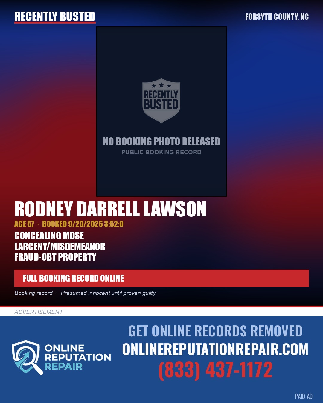 RODNEY DARRELL LAWSON — arrest record card, Forsyth County, North Carolina