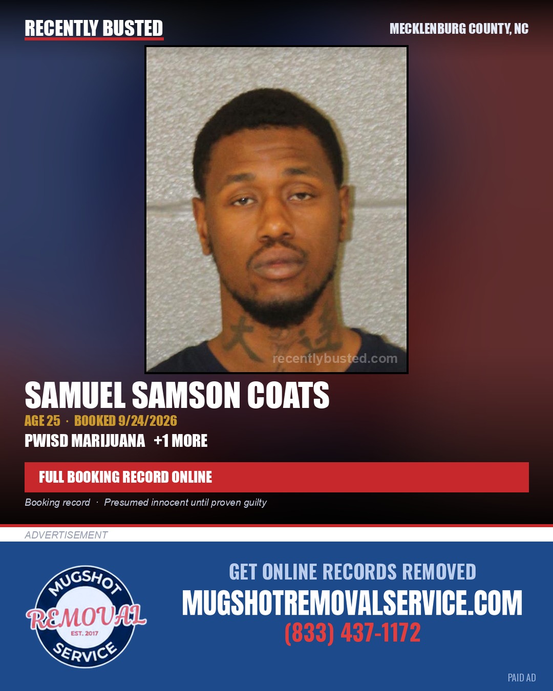 SAMUEL SAMSON COATS — arrest record card, Mecklenburg County, North Carolina
